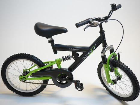 Cykel Tiger, MTB heldämpad, hjul 16 tum, ram 8 tum, svart/grön